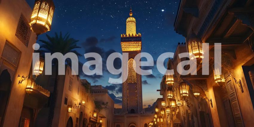 Night Scene Enchanting Arabian Tower and Lighted Street Exceptio