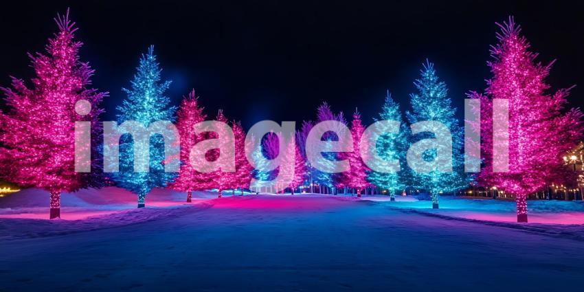 Vibrant Winter Wonderland Colorful Illuminated Trees at Night