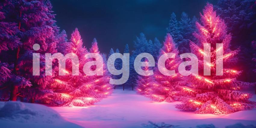Pink  Purple Christmas Trees Magical Winter Wonderland Scene