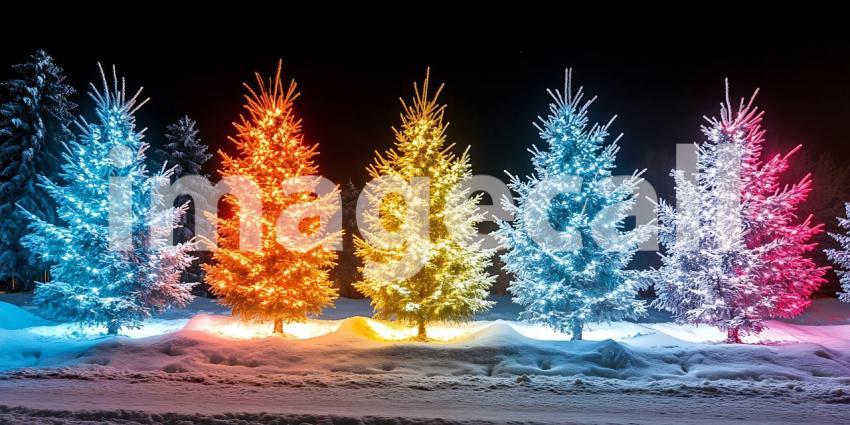 Vibrant Illuminated Evergreen Trees Festive Holiday Lightscape f