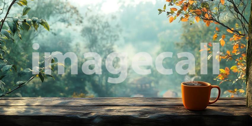 Autumnal Window View A Mug of Warmth on a Misty Morning