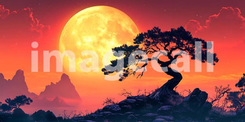 Serene Bonsai Tree Silhouette Majestic Moonlit Landscape Artwork