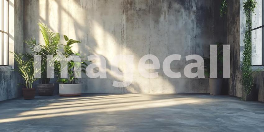 Stunning Sunlit Interior Concrete Wall  Plant Decor