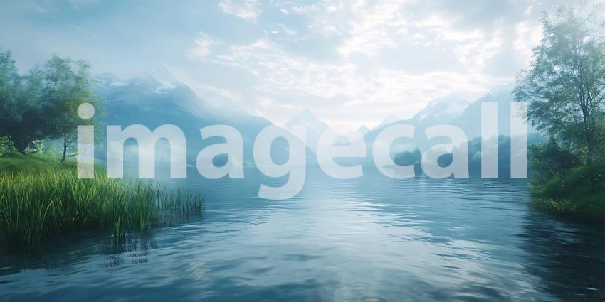 Serene River Landscape Misty Mountains and Lush Greenery