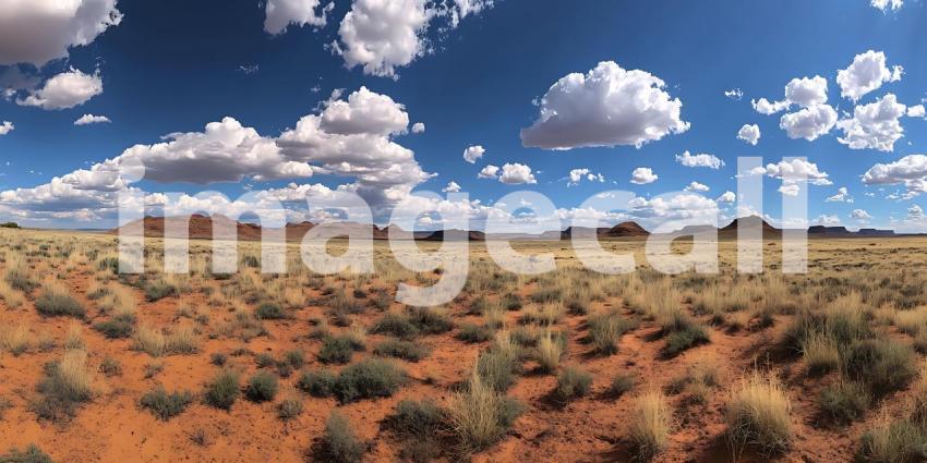 Vast Desert Landscape Under a Blue Sky with Puffy Clouds Panoram
