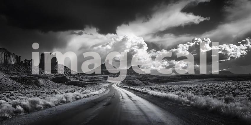 Dramatic Monochrome Landscape Road to Ruins Under a Stormy Sky