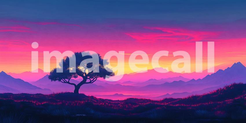 Vibrant Sunset Landscape Lone Tree Silhouette Against Colorful M