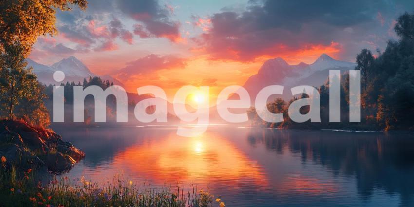 Majestic Sunset Serene Lake and Misty Forest Landscape