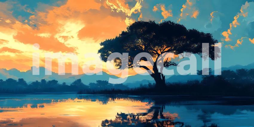 Serene Sunset Landscape Vibrant Colors  Tranquil Nature Scene  A