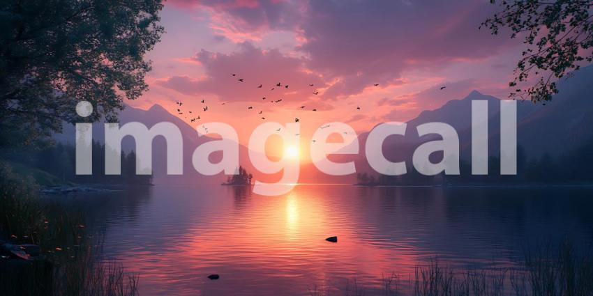 Serene Sunset Landscape Mountain Lake Birds in Flight Pink and P
