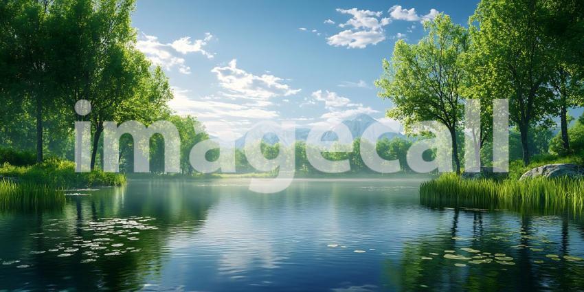 Serene Lakeside Vista Picturesque Landscape with Lush Greenery T