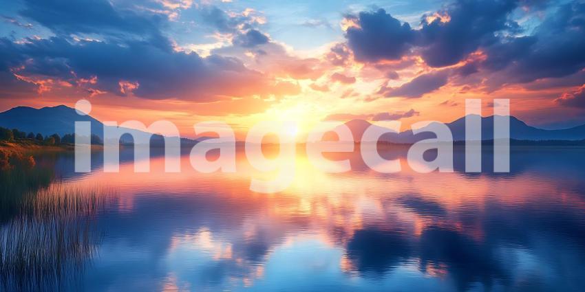 Stunning Sunset Over Calm Lake Vibrant Colors and Serene Reflect