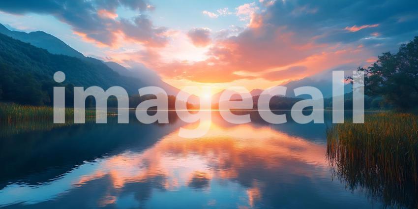 Stunning Sunset Landscape Serene Lake Majestic Mountains Vibrant