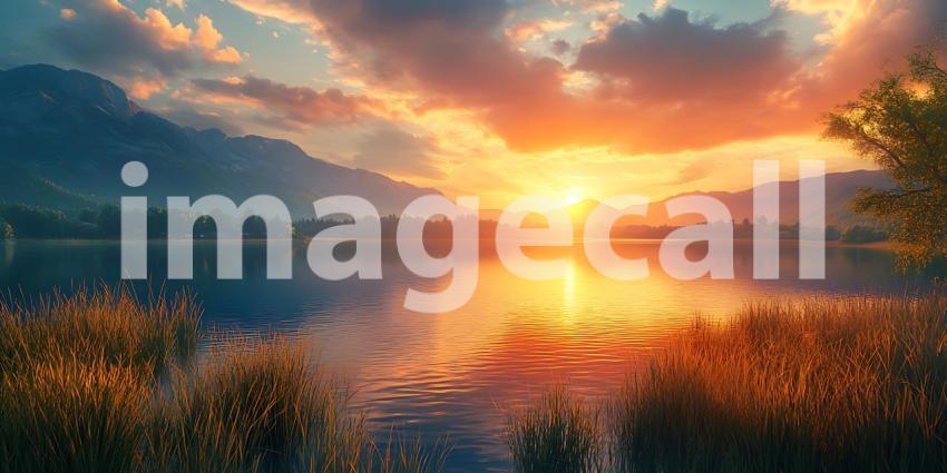 Stunning Sunset Landscape Golden Hour Lake  Mountain Vista