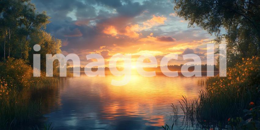 Stunning Sunset Landscape Picturesque River Golden Hour Nature P