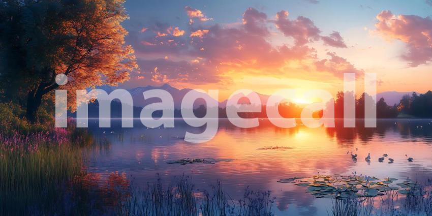 Stunning Sunset Landscape Serene Lake and Vibrant Sky
