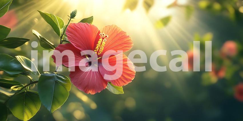 Vibrant Hibiscus Blossom in Sunlight DewKissed Petals and Lush G