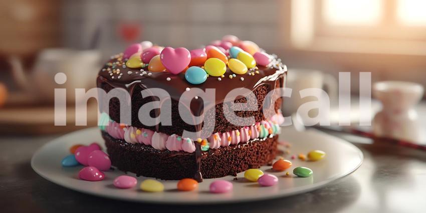 Delicious Chocolate Cake with Colorful Candy Decoration