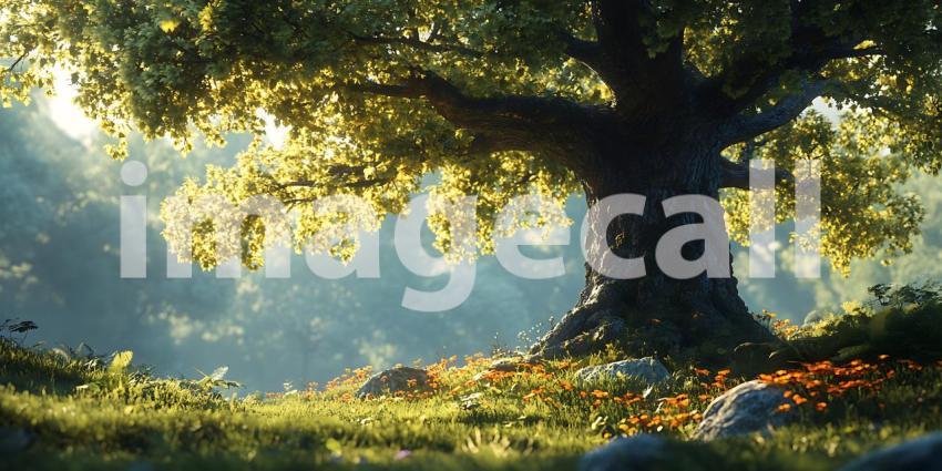 Majestic Oak Tree Sunlight Filtering Through Leaves  Nature Phot