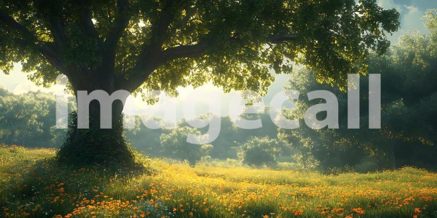 Majestic Oak Tree in Sunlit Meadow Peaceful Nature Scene for Bac