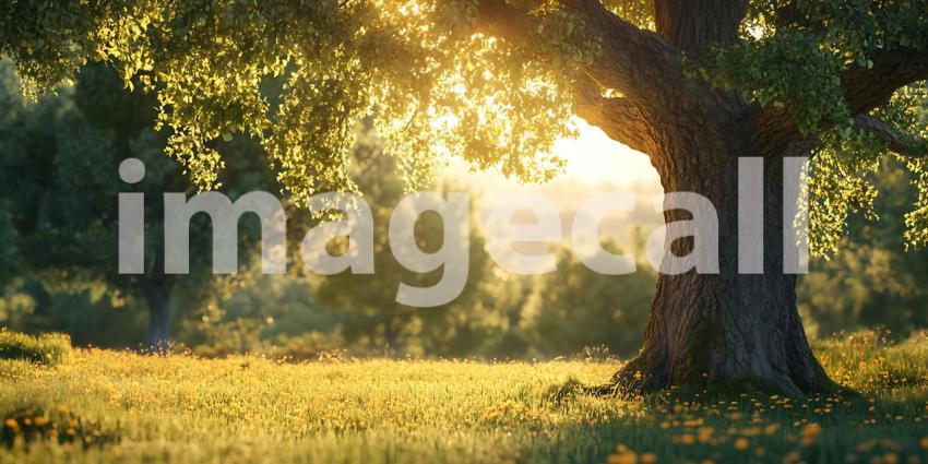Majestic Oak Tree at Sunset A Serene Landscape Panorama