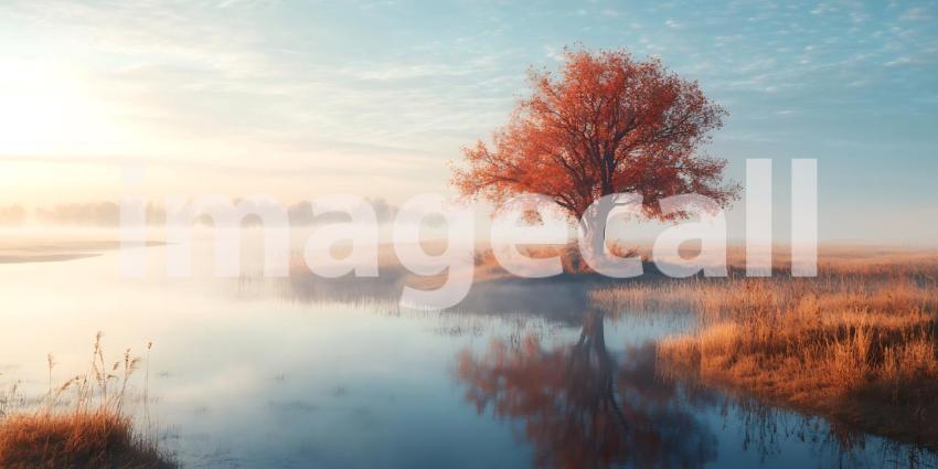 Autumn Serenity Lone Tree in Misty Lake at Sunrise