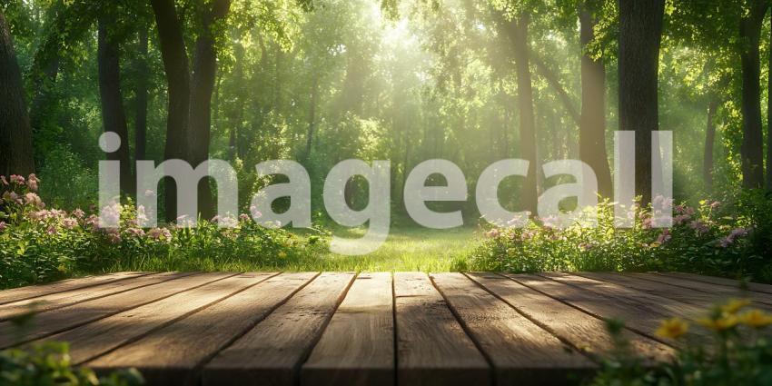 Sunlit Forest Path Wooden Plank Background for Nature Scenes and