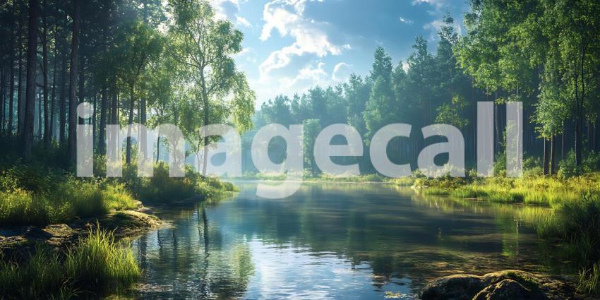 Lush Forest River Scene Tranquil Nature Photography for Backgrou