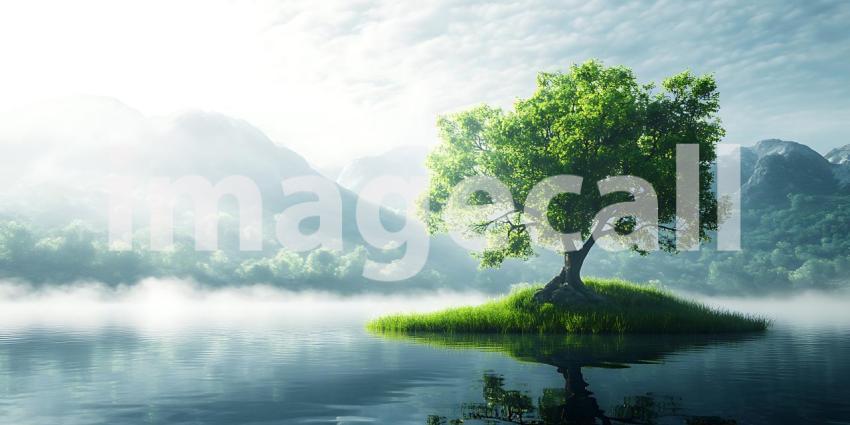 Serene Landscape Solitary Tree on Misty Island Peaceful Nature S