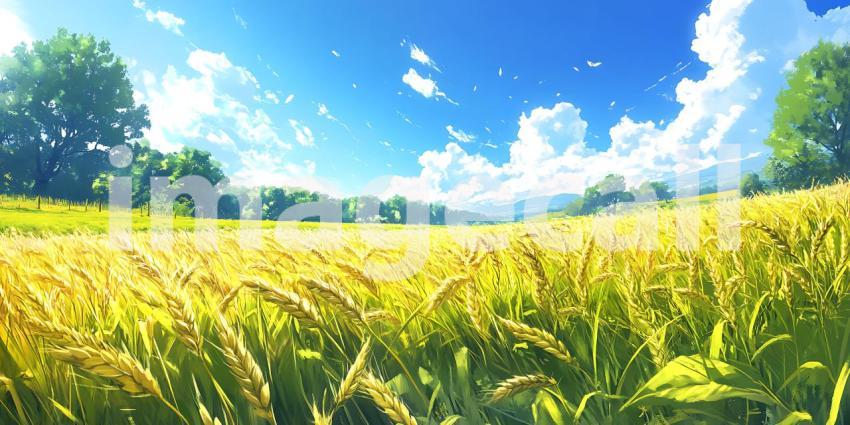 Vibrant Golden Wheat Field Under a Sunny Sky A Serene Landscape