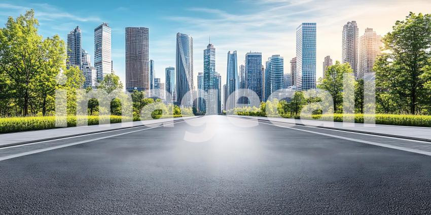 Asphalt Road Leading to Modern City Skyline Urban Development Ci