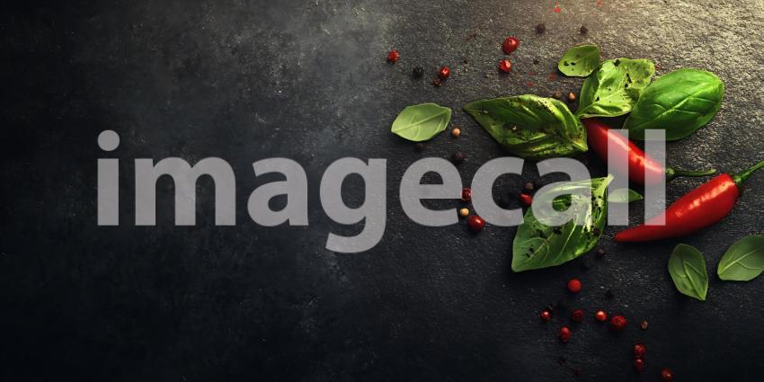 Spicy Culinary Still Life Red Chili Peppers  Basil on Dark Backg