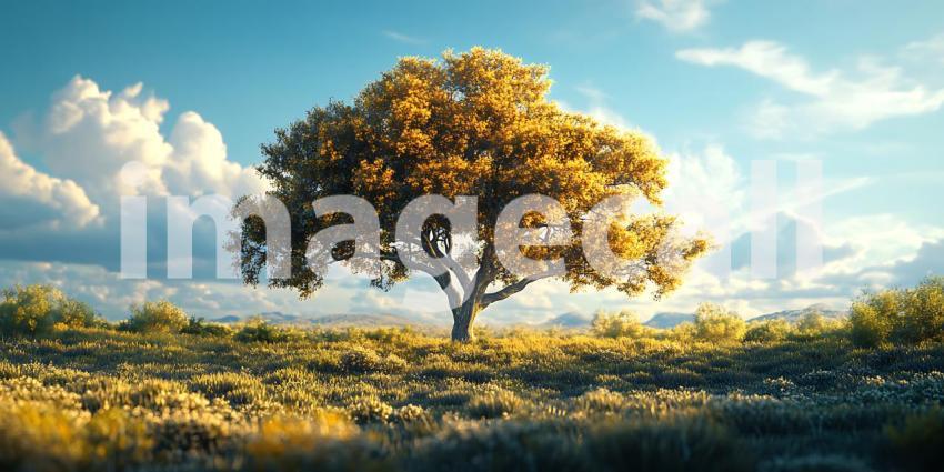 Serene Landscape Golden Tree Under a Sunny Sky  Picturesque Natu