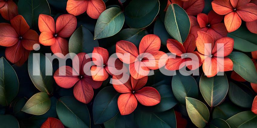 Vibrant Coral Flowers Dark Leafy Background Texture for Design P