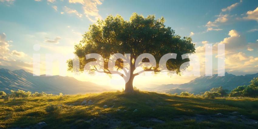 Majestic Tree at Sunrise A Serene Landscape Photograph