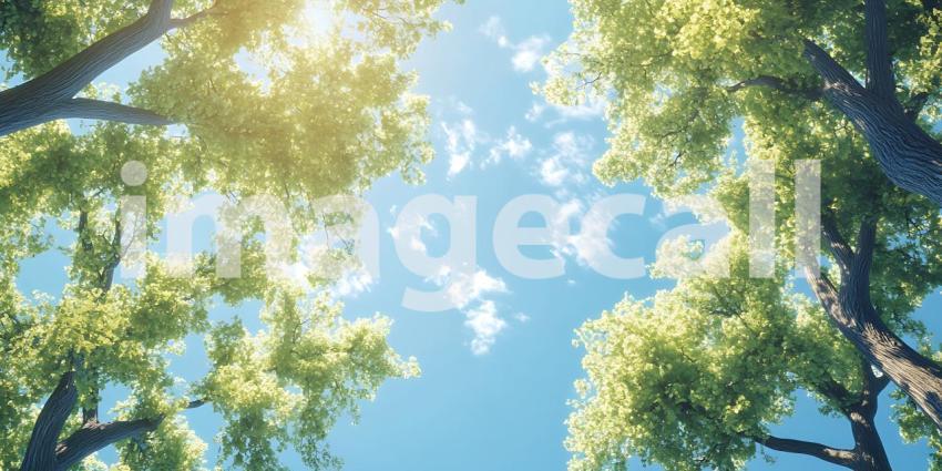 Sunlit Canopy Lush Green Trees and Blue Sky Background for Desig