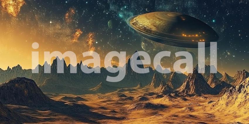 Alien Landscape with Rugged Mountains Background, Otherworldly Terrain with Jagged, Rocky Peaks and an Unusual Sky Above