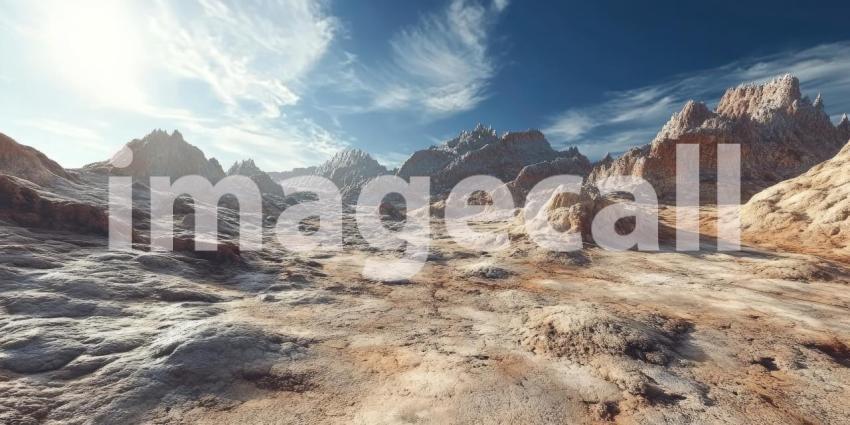 Alien Landscape with Rugged Mountains Background, Otherworldly Terrain with Jagged, Rocky Peaks and an Unusual Sky Above