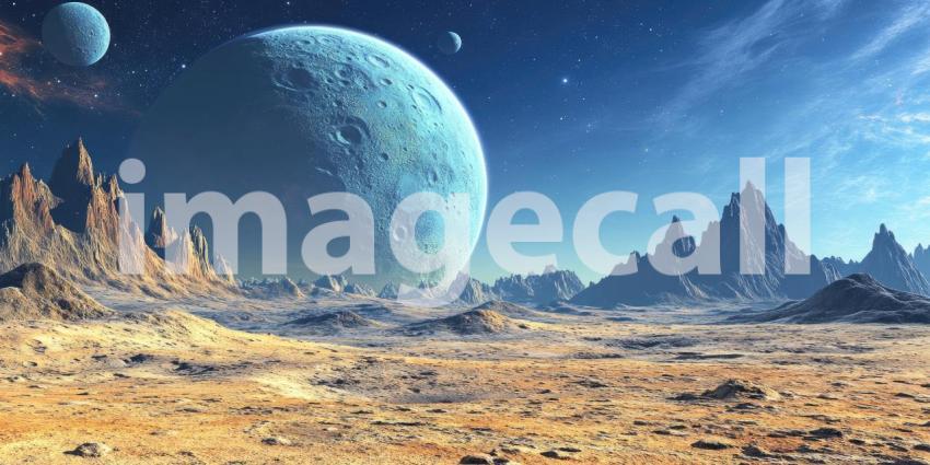 Alien Landscape with Rugged Mountains Background, Otherworldly Terrain with Jagged, Rocky Peaks and an Unusual Sky Above