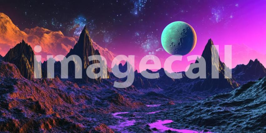 Alien Landscape with Rugged Mountains Background, Otherworldly Terrain with Jagged, Rocky Peaks and an Unusual Sky Above