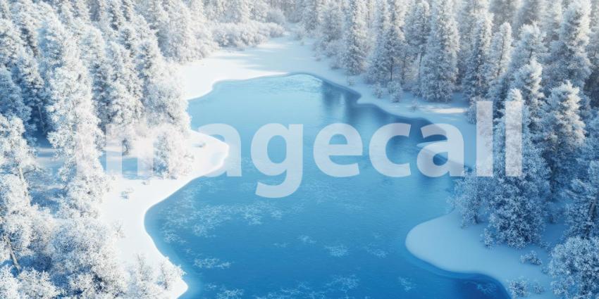 Aerial View of Frozen Lake Surrounded by Snow-Covered Forest Background, Expansive Frozen Lake Framed by a Dense, Snowy Forest Under a Clear Winter Sky