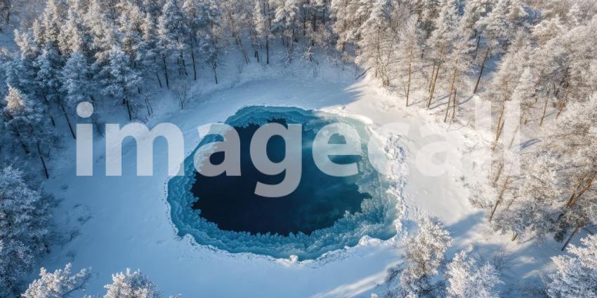 Aerial View of Frozen Lake Surrounded by Snow-Covered Forest Background, Expansive Frozen Lake Framed by a Dense, Snowy Forest Under a Clear Winter Sky