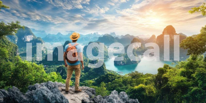 Asian traveler looking at a mountain landscape under a sunny sky background, a serene scene of exploration with majestic peaks and clear blue skies.