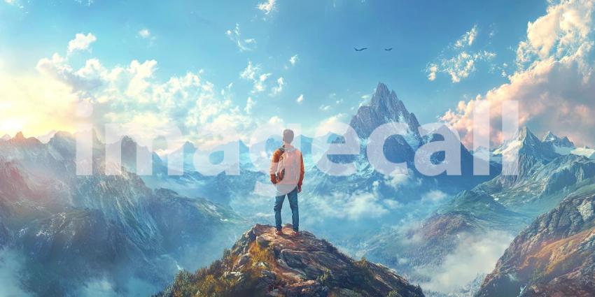 Asian traveler looking at a mountain landscape under a sunny sky background, a serene scene of exploration with majestic peaks and clear blue skies.