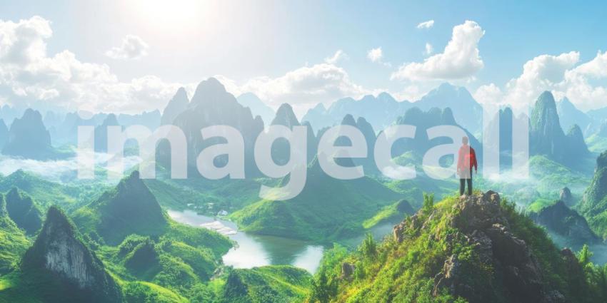 Asian traveler looking at a mountain landscape under a sunny sky background, a serene scene of exploration with majestic peaks and clear blue skies.