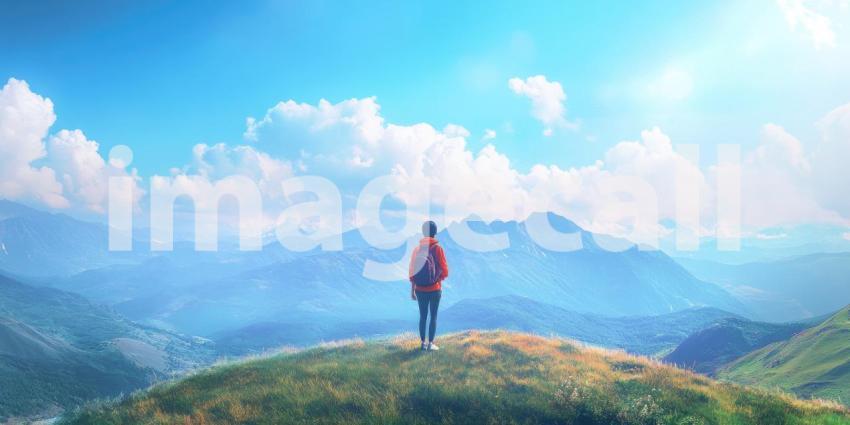 Asian traveler looking at a mountain landscape under a sunny sky background, a serene scene of exploration with majestic peaks and clear blue skies.