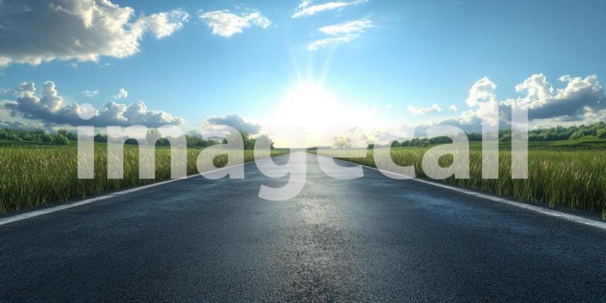 Asphalt long empty road background, a straight stretch of pavement fading into the horizon under an open sky.