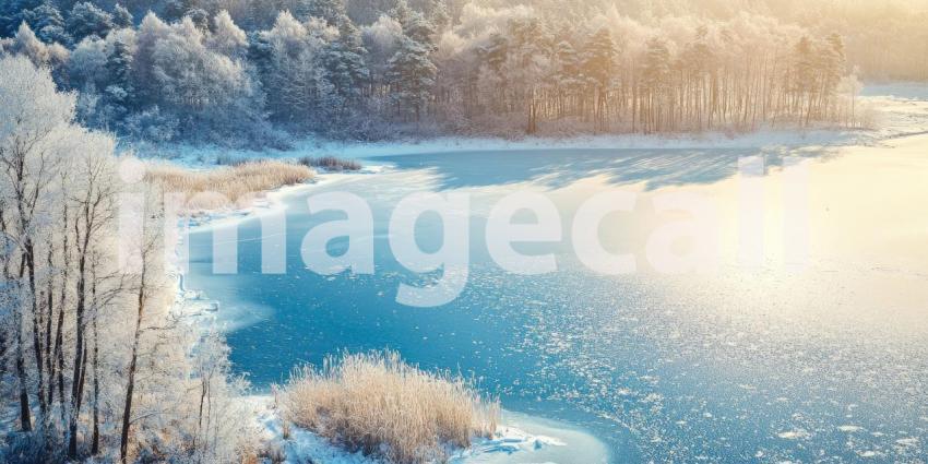 Aerial View of Frozen Lake Surrounded by Snow-Covered Forest Background, Expansive Frozen Lake Framed by a Dense, Snowy Forest Under a Clear Winter Sky