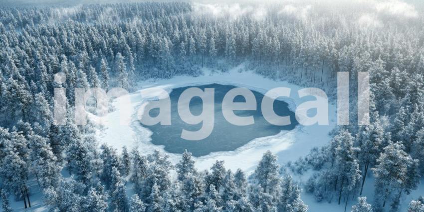 Aerial View of Frozen Lake Surrounded by Snow-Covered Forest Background, Expansive Frozen Lake Framed by a Dense, Snowy Forest Under a Clear Winter Sky