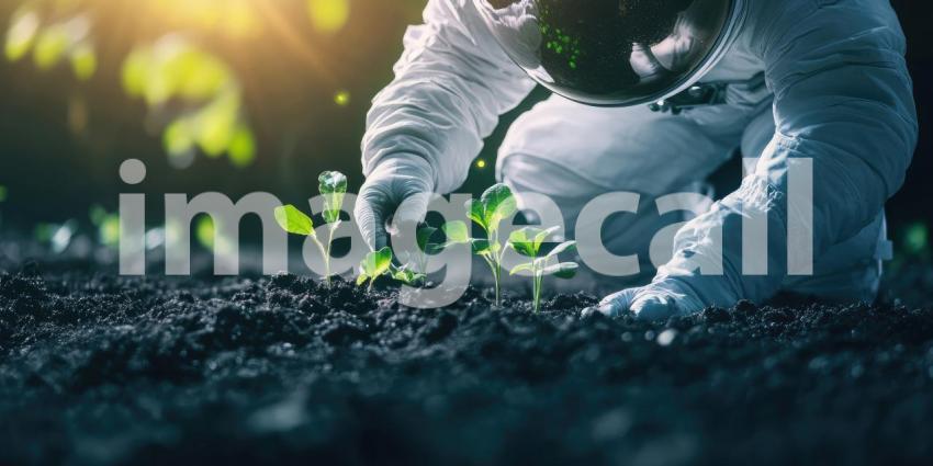 Astronaut Planting Green Seedlings in Soil Background, Space Explorer Nurturing Plants with a Cosmic Landscape